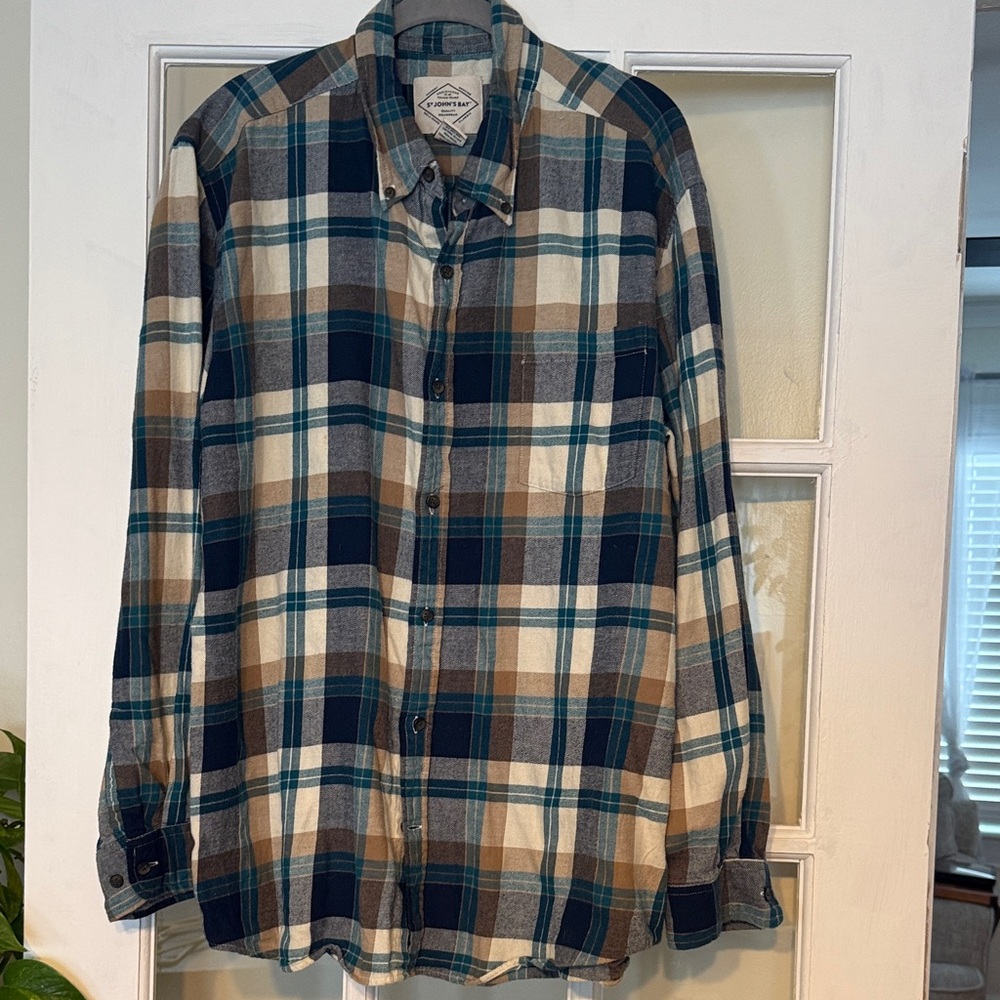 St. John's Bay Men's Plaid Shirt in Blue and Tan